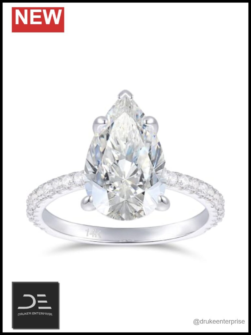 14K White Gold 3CT Pear Cut Moissanite Engagement Ring Hidden Halo